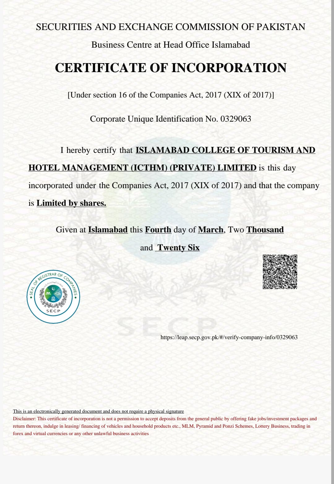 Corporate registration certificate